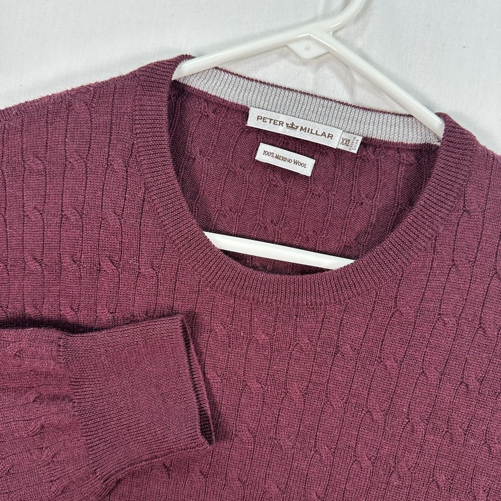 Peter‎ Millar Sweater Mens 2XL Burgundy 100% Merino Wool Cable Knit Crewneck